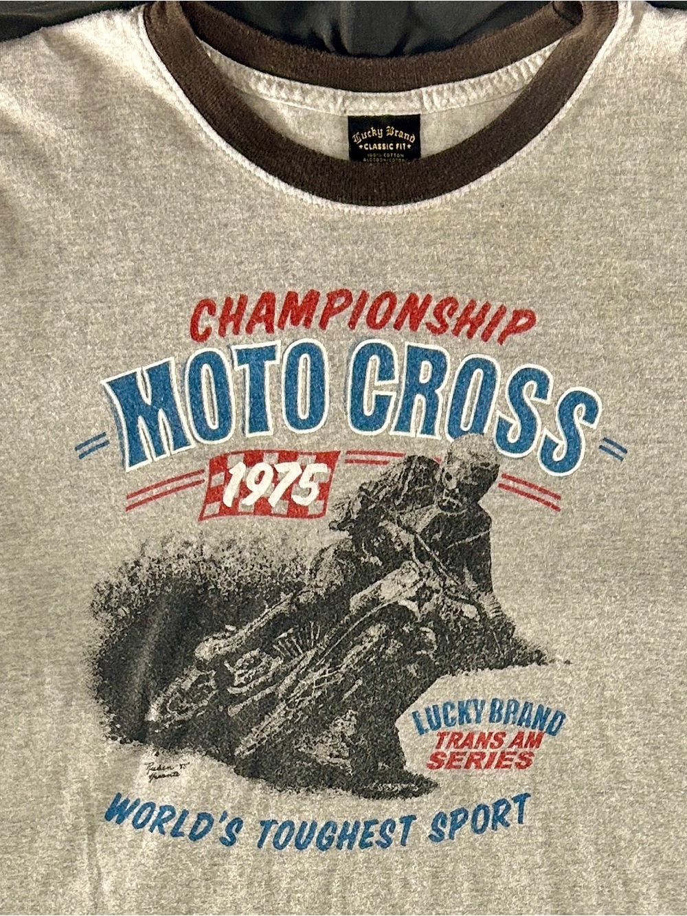 Lucky Brand Moto Cross 1975 Motorcycle Ringer T-Shirt Men's L Made USA